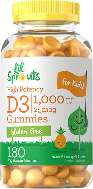 Carlyle Vitamin D3 Gummies for Kids | 1000 IU (25 mcg) | 180 Count | Vegetarian, Non-GMO, and Gluten Free High Potency Formula | Natural Pineapple Flavor | by Lil' Sprouts