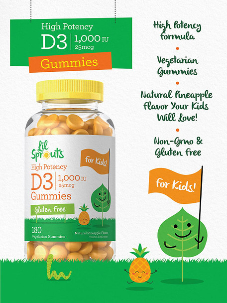 Carlyle Vitamin D3 Gummies for Kids | 1000 IU (25 mcg) | 180 Count | Vegetarian, Non-GMO, and Gluten Free High Potency Formula | Natural Pineapple Flavor | by Lil' Sprouts