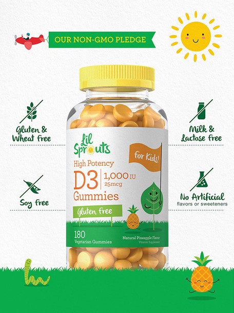 Carlyle Vitamin D3 Gummies for Kids | 1000 IU (25 mcg) | 180 Count | Vegetarian, Non-GMO, and Gluten Free High Potency Formula | Natural Pineapple Flavor | by Lil' Sprouts