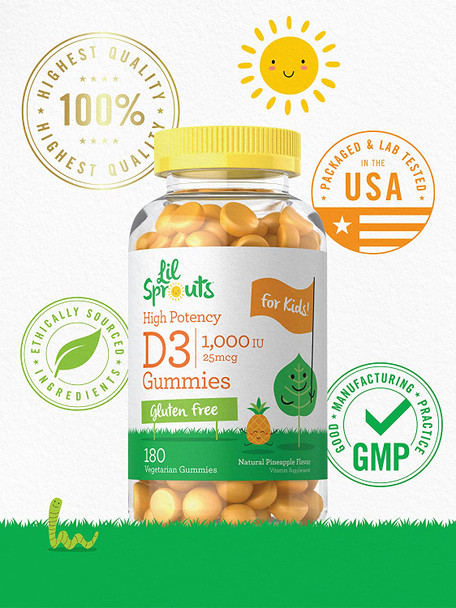 Carlyle Vitamin D3 Gummies for Kids | 1000 IU (25 mcg) | 180 Count | Vegetarian, Non-GMO, and Gluten Free High Potency Formula | Natural Pineapple Flavor | by Lil' Sprouts