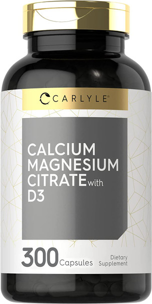 Calcium Magnesium Citrate with Vitamin D3 | 300 Capsules | Non-GMO & Gluten Free Supplement | by Carlyle