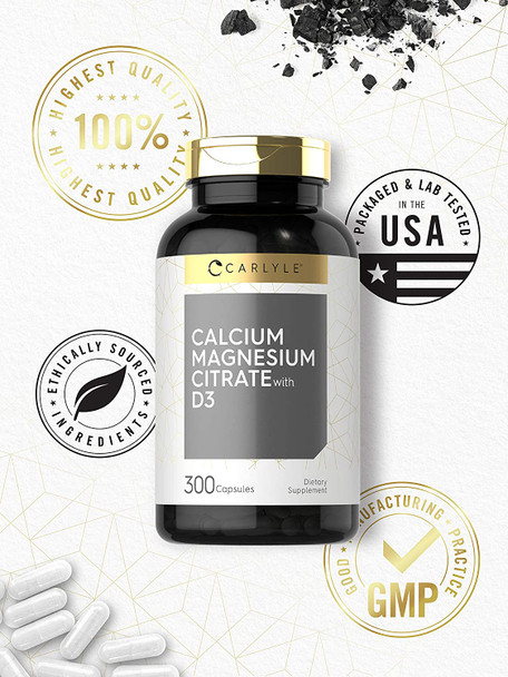 Calcium Magnesium Citrate with Vitamin D3 | 300 Capsules | Non-GMO & Gluten Free Supplement | by Carlyle