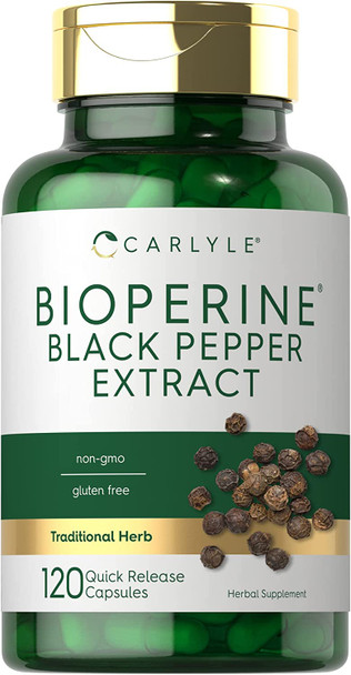 Bioperine 10mg | 120 Capsules | Non-GMO & Gluten Free | Sourced from Black Pepper Extract | Supports Curcumin Powder Absorption | by Carlyle