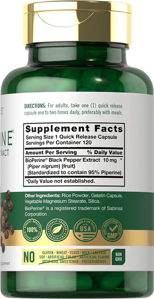 Bioperine 10mg | 120 Capsules | Non-GMO & Gluten Free | Sourced from Black Pepper Extract | Supports Curcumin Powder Absorption | by Carlyle