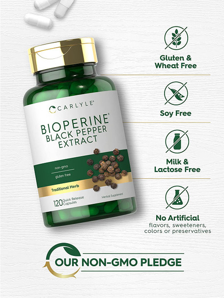 Bioperine 10mg | 120 Capsules | Non-GMO & Gluten Free | Sourced from Black Pepper Extract | Supports Curcumin Powder Absorption | by Carlyle