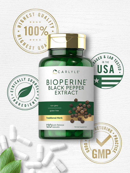 Bioperine 10mg | 120 Capsules | Non-GMO & Gluten Free | Sourced from Black Pepper Extract | Supports Curcumin Powder Absorption | by Carlyle