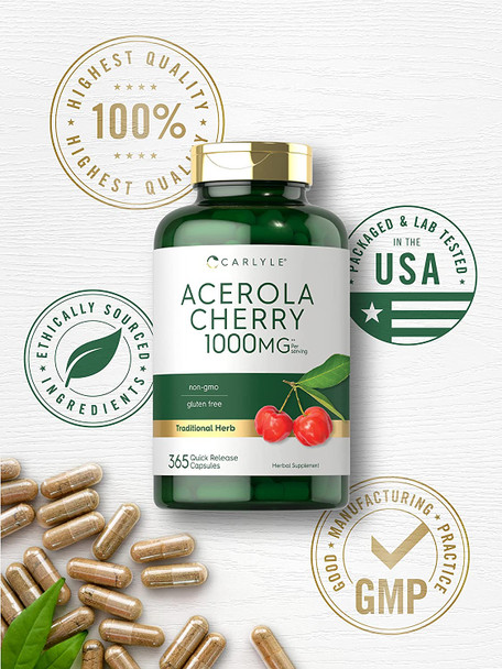 Carlyle Acerola Cherry Capsules | 1000Mg | 365 Count | Non-Gmo & Gluten Free Extract | Acerola Berry