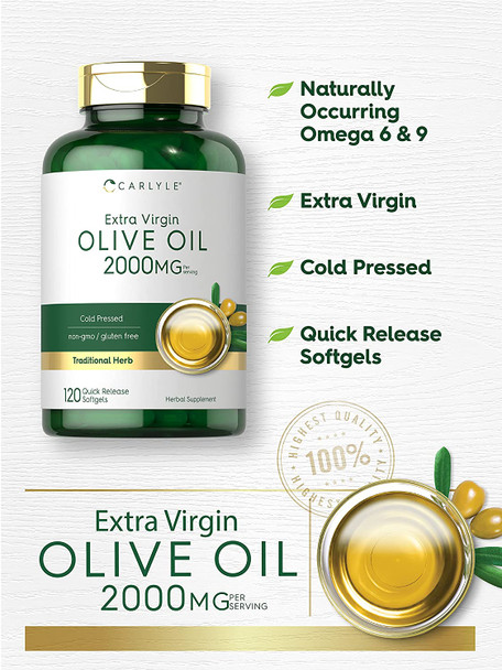 Olive Oil Supplement 2000mg | 120 Softgels | Cold Pressed Extra Virgin Olive Oil | Non-GMO, Gluten Free | by Carlyle