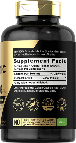 Carlyle D Aspartic Acid Capsules (Daa) | 3000Mg | 180 Count | Non-Gmo, Gluten Free Supplement | Advanced Athlete Formula