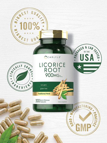 Carlyle Licorice Root Capsules 900mg | 300 Count | Root Extract Supplement | Non-GMO, Gluten Free