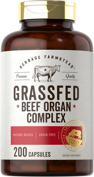 Grassfed Beef Organs 3250mg | 200 Quick Release Capsules | Desiccated Liver, Kidney, Pancreas, Heart, Spleen Supplement | Non-GMO, Gluten Free | by Herbage Farmstead