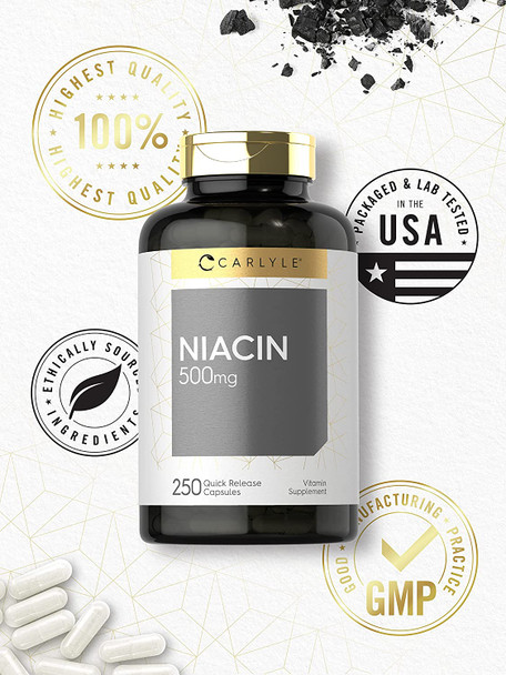 Carlyle Niacin 500mg | 250 Capsules | Non-GMO, Gluten Free