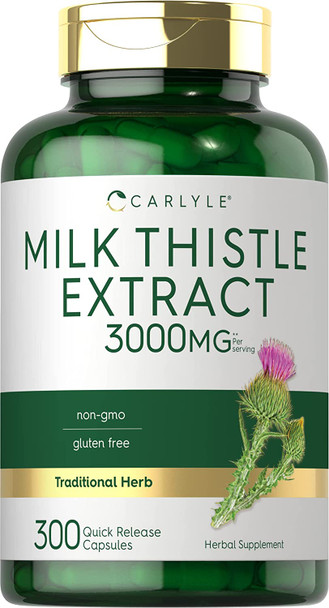 Milk Thistle Capsules | 3000mg | 300 Count | Non-GMO, Gluten Free Extract | by Carlyle