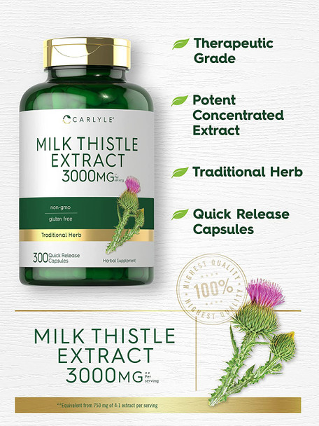 Milk Thistle Capsules | 3000mg | 300 Count | Non-GMO, Gluten Free Extract | by Carlyle