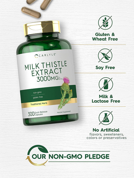 Milk Thistle Capsules | 3000mg | 300 Count | Non-GMO, Gluten Free Extract | by Carlyle