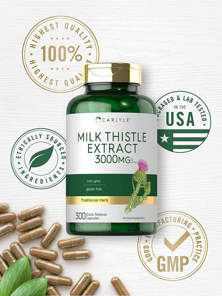 Milk Thistle Capsules | 3000mg | 300 Count | Non-GMO, Gluten Free Extract | by Carlyle