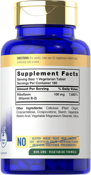 Carlyle Vitamin B2 100mg | 180 Tablets | Vegetarian, Non-GMO, Gluten Free | Vitamin B2 Riboflavin