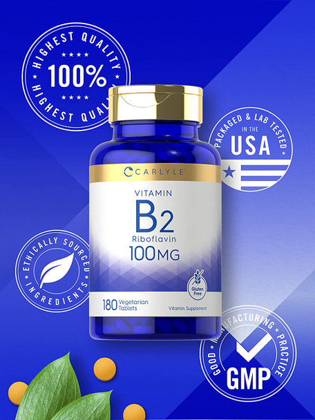 Carlyle Vitamin B2 100mg | 180 Tablets | Vegetarian, Non-GMO, Gluten Free | Vitamin B2 Riboflavin