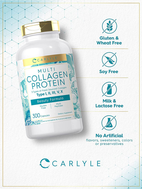 Carlyle Multi Collagen Protein 2000mg | 300 Capsules | Type I, II, III, V, X | Collagen Peptide Pills | Keto & Paleo Friendly, Gluten Free Supplement