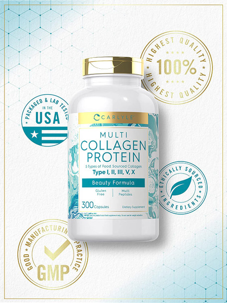 Carlyle Multi Collagen Protein 2000mg | 300 Capsules | Type I, II, III, V, X | Collagen Peptide Pills | Keto & Paleo Friendly, Gluten Free Supplement