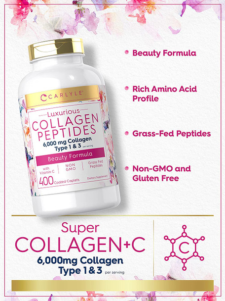 Multi Collagen Pills 6000mg | 400 Capsules | Collagen Peptides with Vitamin C | Type 1 and 3 | Non-GMO, Gluten Free, Grass Fed | Carlyle