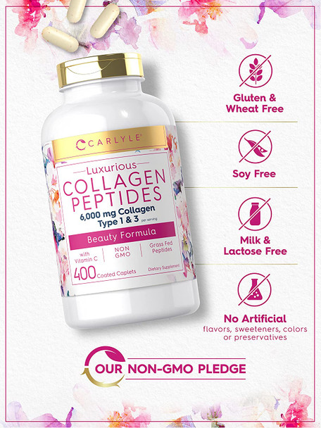Multi Collagen Pills 6000mg | 400 Capsules | Collagen Peptides with Vitamin C | Type 1 and 3 | Non-GMO, Gluten Free, Grass Fed | Carlyle
