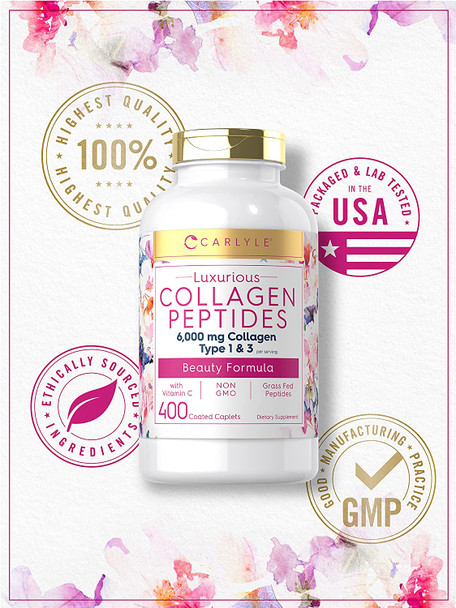 Multi Collagen Pills 6000mg | 400 Capsules | Collagen Peptides with Vitamin C | Type 1 and 3 | Non-GMO, Gluten Free, Grass Fed | Carlyle
