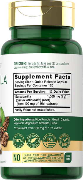 Carlyle Sarsaparilla Root Capsules 1000mg | 120 Count | Non-GMO, Gluten Free Supplement