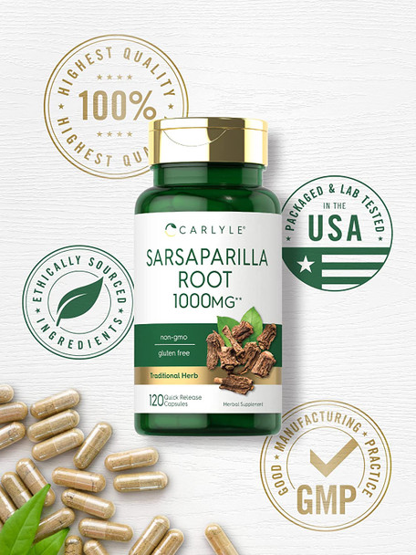 Carlyle Sarsaparilla Root Capsules 1000mg | 120 Count | Non-GMO, Gluten Free Supplement
