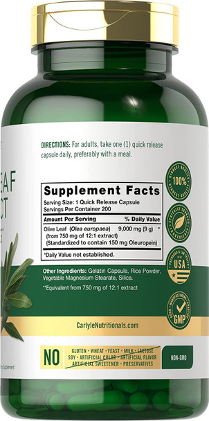 Carlyle Olive Leaf Extract Capsules | 9000mg | 200 Count | Non-GMO, Gluten Free | High Potency Formula