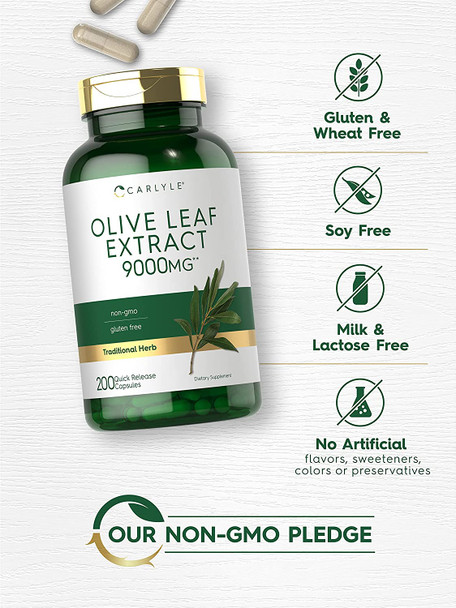 Carlyle Olive Leaf Extract Capsules | 9000mg | 200 Count | Non-GMO, Gluten Free | High Potency Formula