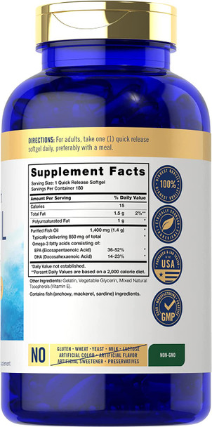 Carlyle Triple Strength Fish Oil | 180 Softgels | Omega 3 Supplement | Non-GMO, Gluten Free