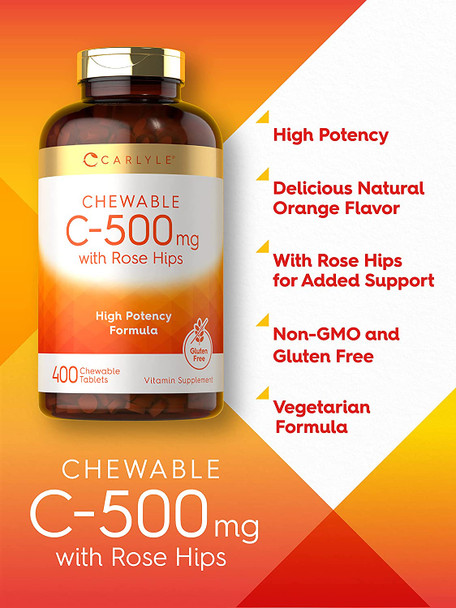 Carlyle Vitamin C 500mg with Rose Hips | 400 Chewable Tablets | Vegetarian | Non-GMO, Gluten Free