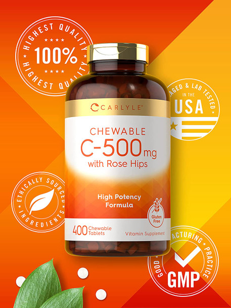 Carlyle Vitamin C 500mg with Rose Hips | 400 Chewable Tablets | Vegetarian | Non-GMO, Gluten Free