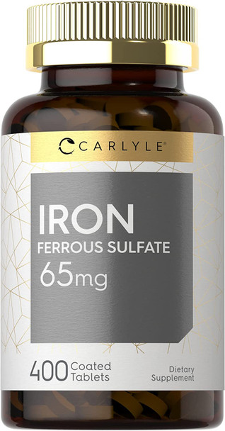 Iron Ferrous Sulfate 65 Mg | 400 Tablets | Non-Gmo, Gluten Free, And Vegetarian Supplement | High Potency | By Carlyle