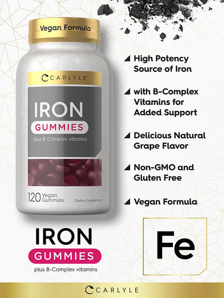Carlyle Iron Gummies | Plus B-Complex Vitamins | 120 Count | Vegan, Non-GMO, and Gluten Free Supplement for Adults