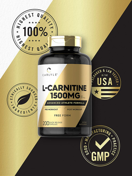 Carlyle L-Carnitine 1500mg | 200 Capsules | Advanced Athlete Formula | Workout Supplement | Non-GMO, Gluten Free