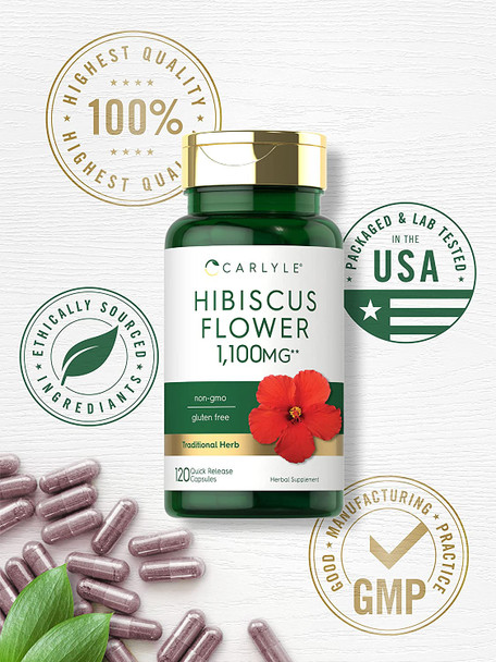 Carlyle Hibiscus Flower Extract 1100 mg | 120 Capsules | Non-GMO, Gluten Free Supplement