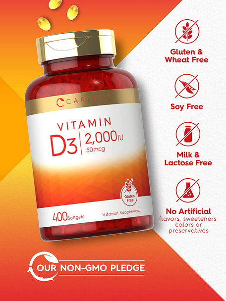 Vitamin D3 2000 IU Softgels | 400 Count | Non-GMO, Gluten Free Formula | 50 mcg | Vitamin D Supplement | by Carlyle