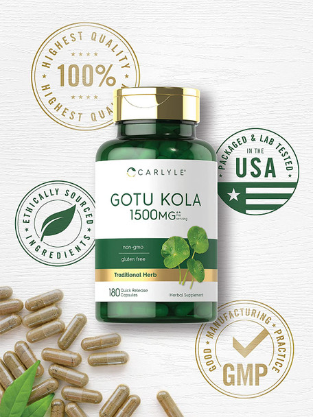 Carlyle Gotu Kola Capsules 1500mg | 180 Count | Non-GMO, Gluten Free | Traditional Herb Extract