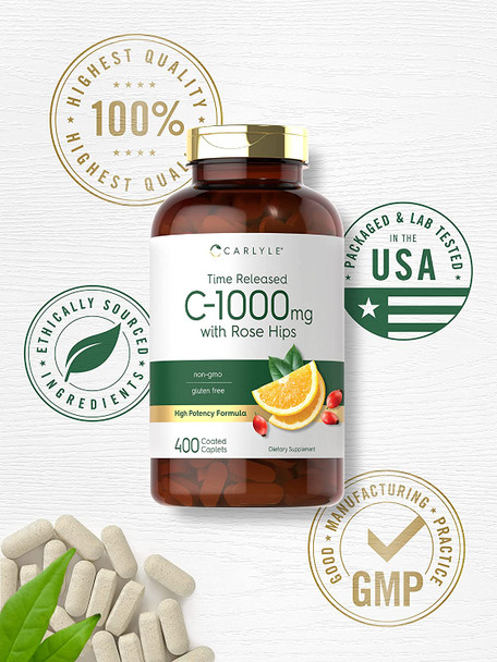 Carlyle Vitamin C 1000mg with Rose Hips | 400 Caplets | Vegetarian | Non-GMO & Gluten Free Supplement