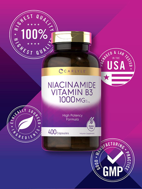 Carlyle Niacinamide Vitamin B3 1000 mg | 400 Capsules | High Potency Formula | Non-GMO, Gluten Free