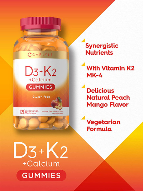 D3, K2, & Calcium Gummies | 120 Count | Vegetarian, Non-GMO, and Gluten Free Vitamin Supplement | by Carlyle
