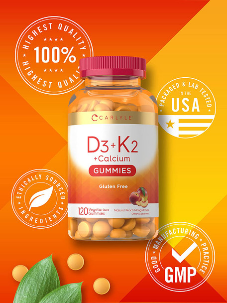D3, K2, & Calcium Gummies | 120 Count | Vegetarian, Non-GMO, and Gluten Free Vitamin Supplement | by Carlyle