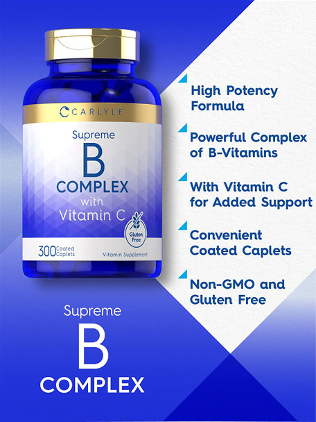 Carlyle Vitamin B Complex with Vitamin C | 300 Caplets | Vegetarian, Non-GMO and Gluten Free Supplement