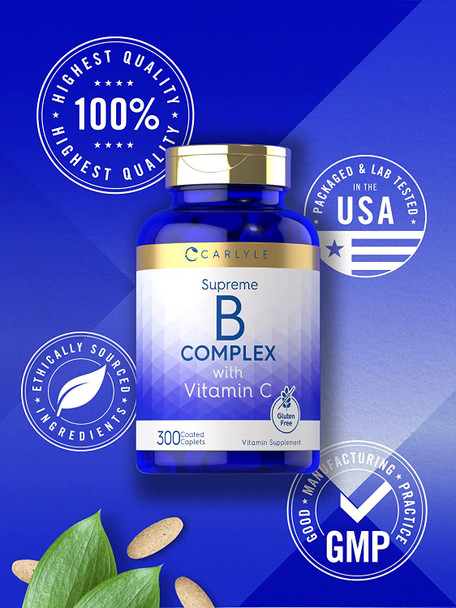 Carlyle Vitamin B Complex with Vitamin C | 300 Caplets | Vegetarian, Non-GMO and Gluten Free Supplement