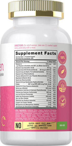 Womens Multivitamin | 365 Caplets | Vitamin and Mineral Supplement | with Iron | Non-GMO, Gluten Free | by Carlyle