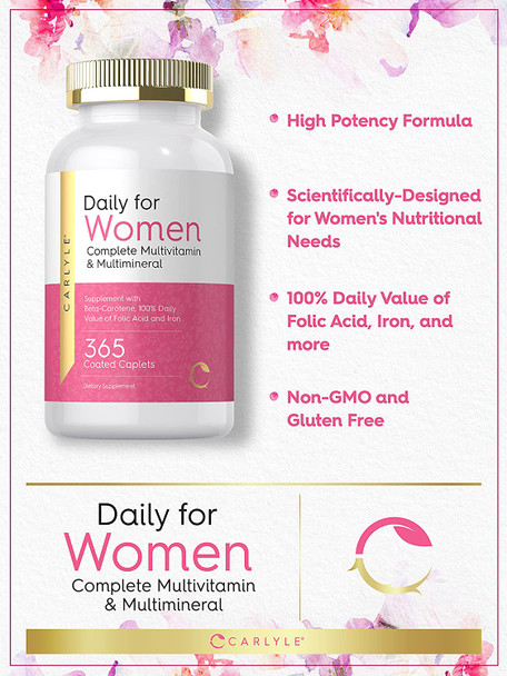 Womens Multivitamin | 365 Caplets | Vitamin and Mineral Supplement | with Iron | Non-GMO, Gluten Free | by Carlyle