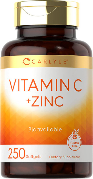 Vitamin C with Zinc | 250 Softgels | Bioavailable Supplement | Ascorbic Acid and Zinc Oxide | Non-GMO and Gluten Free Formula | by Carlyle