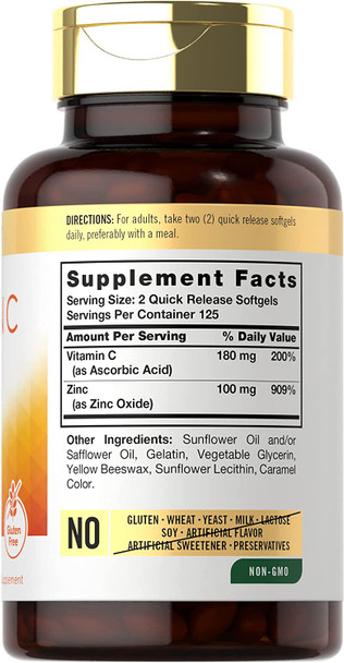 Vitamin C with Zinc | 250 Softgels | Bioavailable Supplement | Ascorbic Acid and Zinc Oxide | Non-GMO and Gluten Free Formula | by Carlyle